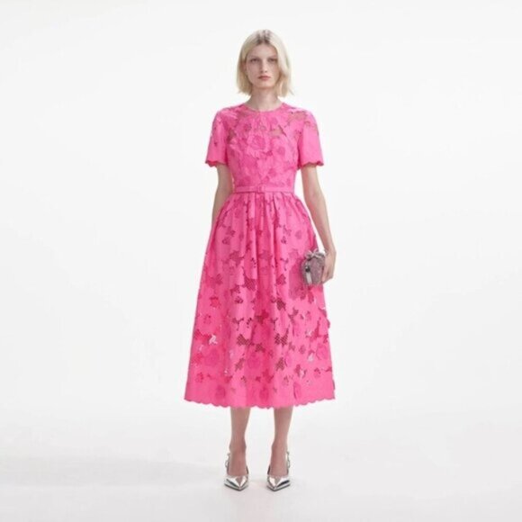 NEW Self-Portrait Cotton Lace Midi Dress Pink SS24 | UK 8  / US 4 - Picture 5 of 14
